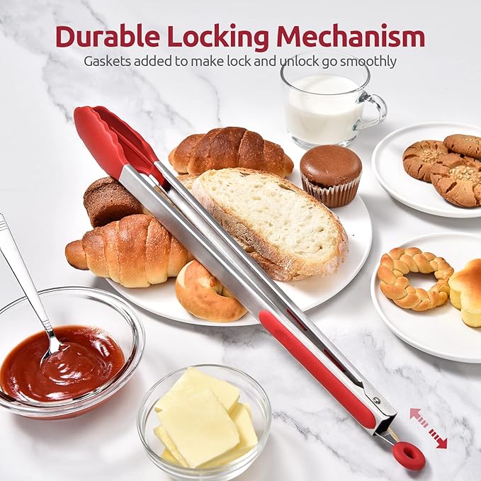 600쨘F Heat Resistant Kitchen Tongs: U-Taste 16 inch Extra Long Large Silicone Cooking Tong with Sturdy Non Stick Rubber Tips & Non Slip Silicon Coated 18/8 Stainless Steel Handle for Grilling BBQ(Red)