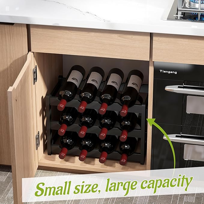 BMOSU Bamboo Wine Rack Wine Storage Cabinet Shelf 12 Bottle Wine Racks Countertop Sturdy for Kitchen Dining Room Pantry - 3 Tiers Wine Rack (Black)