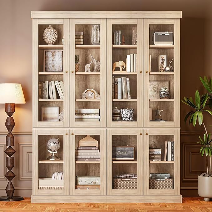 Vyre 70.8" Bookshelf with Glass Doors, Farmhouse Modular Bookcase with 6-Tier Adjustable Shelves, Large Storage Cabinet for Living Room & Home Office, Set of 3, Brown