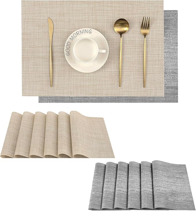 Leetaltree 6PC Grey& 6PC Beige Placemats Set of 12 - Heat Resistant Non-Slip Place mats for Dining Table, Washable Durable PVC Vinyl Woven Table Mats竊?PC Grey&6PC Beige竊? Grey&beige