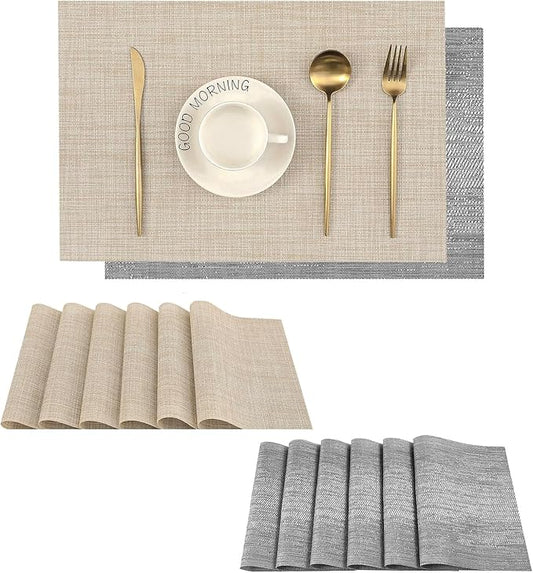 Leetaltree 6PC Grey& 6PC Beige Placemats Set of 12 - Heat Resistant Non-Slip Place mats for Dining Table, Washable Durable PVC Vinyl Woven Table Mats竊?PC Grey&6PC Beige竊? Grey&beige