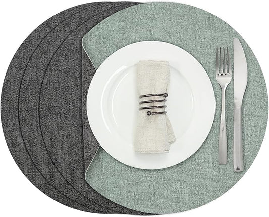 Myir JUN Round Placemats Dual Sided, Faux Leather Place Mats Set of 4 Indoor for Dining Table Outdoor Non-Slip Washable Table Mats (Set of 4, Gray Sage Green)