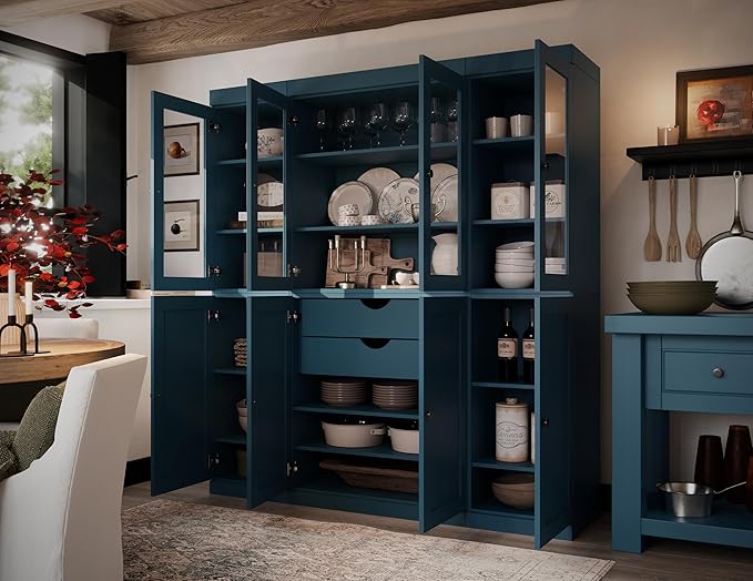Palace Imports 100% Solid Wood Kitchen China Pantry Cabinet, 65" W - 4 Clear Glass & 4 Shaker Doors, Renewable Eco-Friendly Wood, Made in Brazil (Teal Blue, 8 China/Shaker Doors | 2 Drawers)