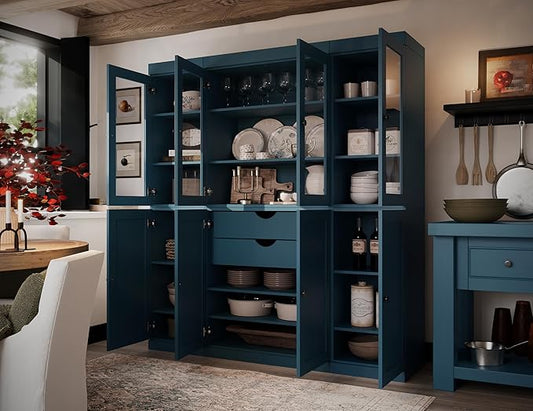 Palace Imports 100% Solid Wood Kitchen China Pantry Cabinet, 65" W - 4 Clear Glass & 4 Shaker Doors, Renewable Eco-Friendly Wood, Made in Brazil (Teal Blue, 8 China/Shaker Doors | 2 Drawers)