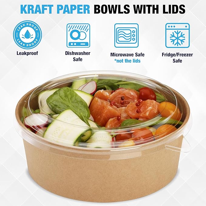 Ruthy's Outlet Kraft Salad Bowls W/Clear Lids ??Disposable Paper Salad Containers, Eco-Friendly | Leak-Resistant | Microwave Safe ??Ideal for Meal Prep, To-Go Orders & Catering (50, 24 oz)