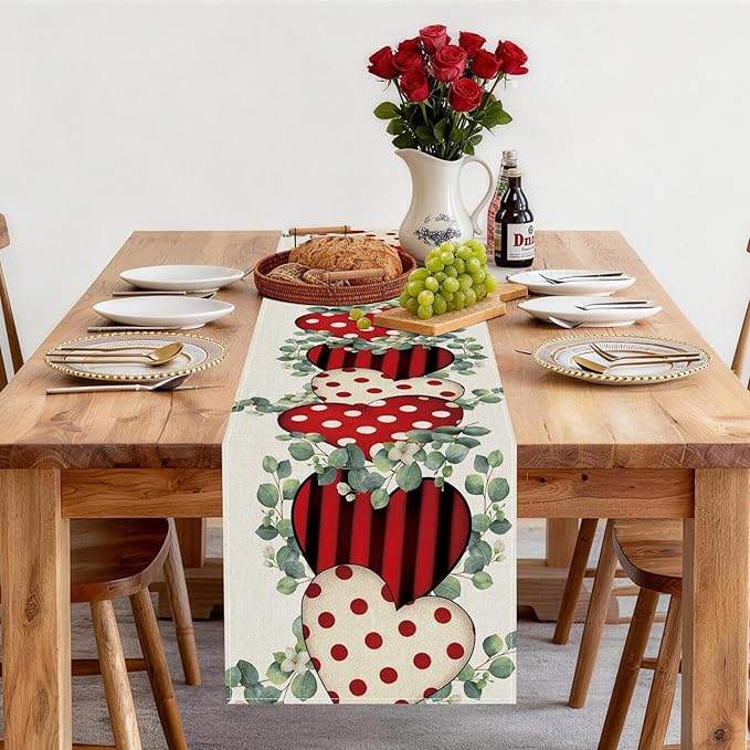 Valentines Day Table Runner 13x90 Inch, Eucalyptus Hearts Valentine Table Runner, Anniversary Home Kitchen Dining Table Holiday Party Decorations