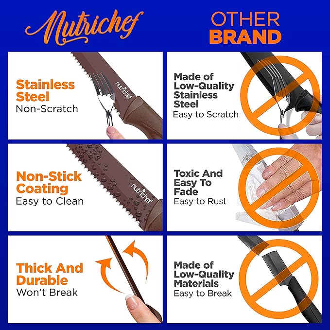 NutriChef 8 Piece Kitchen Knife Set - Multi-purpose Unbreakable Ergonomic Non-stick Stainless Steel Kitchen Steak Knives Set with Fully Serrated Blades - Great for BBQ Grill - NCSK8BW,Brown