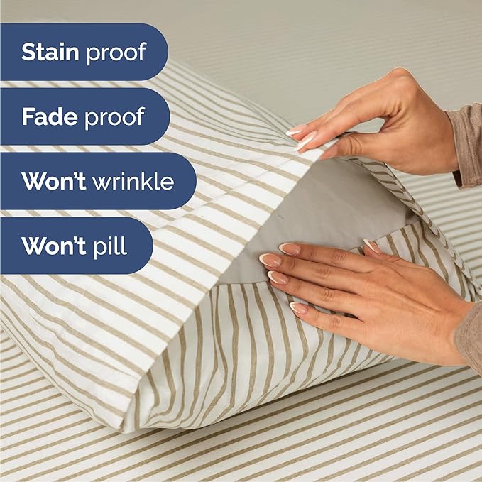 Queen 6 Piece Sheet Set - Cooling & Breathable Bed Sheets - Hotel Luxury Bed Sheets for Women, Men, Kids & Teens - Bedding w/Deep Pockets & Easy Fit - Soft & Wrinkle Free - Queen Beige Stripes Sheets