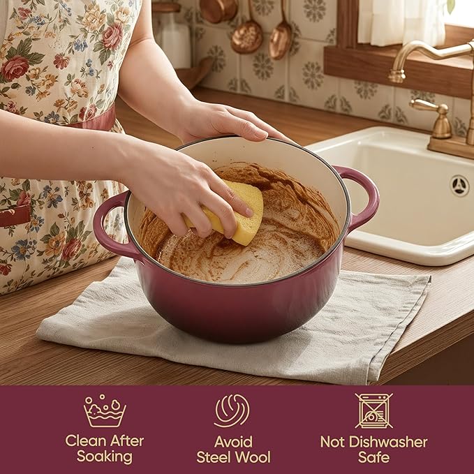 Vintage Style 6 Quart Dutch Oven Pot with Lid, Non Stick Enameled Cast Iron Dutch Oven for Bread Baking, Heavy-Duty, Oven Safe Ceramic Cookware Up to 500째F for Baking, Braising, Stews, Roasting, Rose