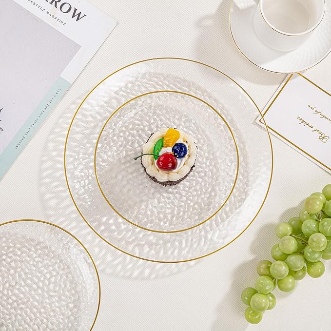 SUT 100Pcs Clear Plastic Plates, Hammered Plates Disposable Heavy Duty, Clear Disposable Plates With Gold Rim, Fancy Plastic plates Include 50 Dinner plate and 50 Dessert plate for Wedding