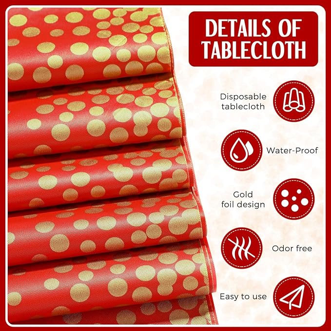 Tudomro 16 Pcs Red and Gold Disposable Plastic Tablecloths and Satin Table Runner Set 54x108 Inch Tablecloth 12x108 Inch Table Runners for New Year Wedding Birthday Baby Shower Graduation