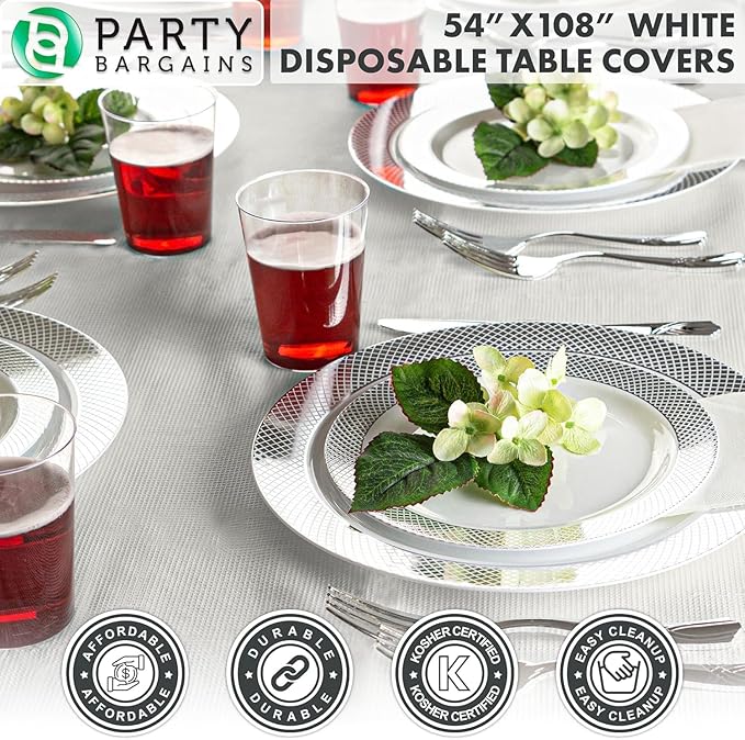 PARTY BARGAINS Disposable Table Covers, 54 x 108 Inch, White, 3-Ply Paper & Plastic Spill-Resistant Party Tablecloths, 1 Pack