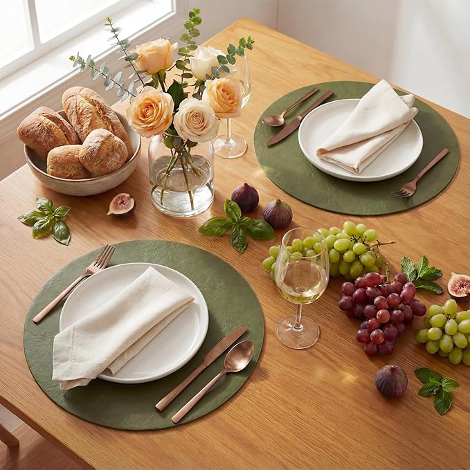 Artoid Mode Olive Green Faux Leather Placemats Set of 4, 15 Inch Waterproof Wipeable Heat Resistant Place Mats, Reversible Table Mats for Kitchen Dining Decor