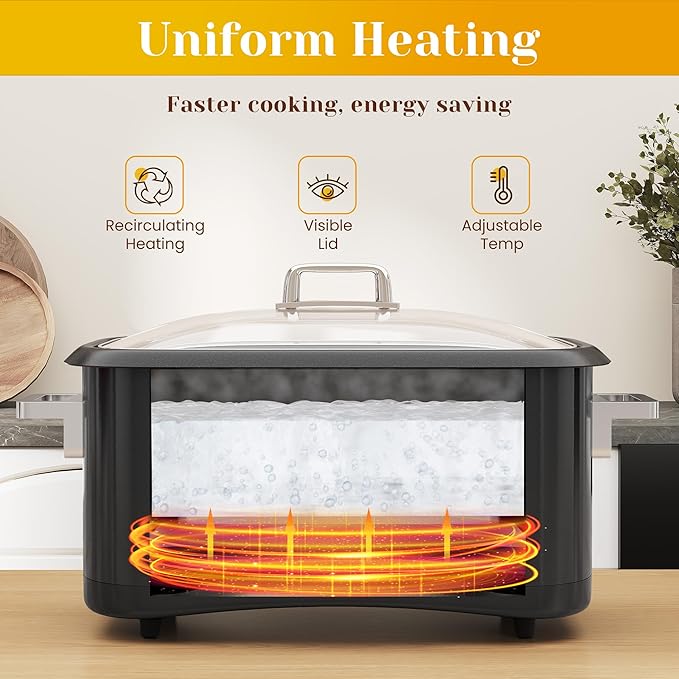 Sunvivi 8 Quart Slow Cooker Roaster Oven, 12 in 1 Programmable Multi-Cooker Food Warmer with Digital Timer, Temp Control, Removable Cast Aluminum Pot & Dishwasher-Safe Tempered Glass Lid, Black