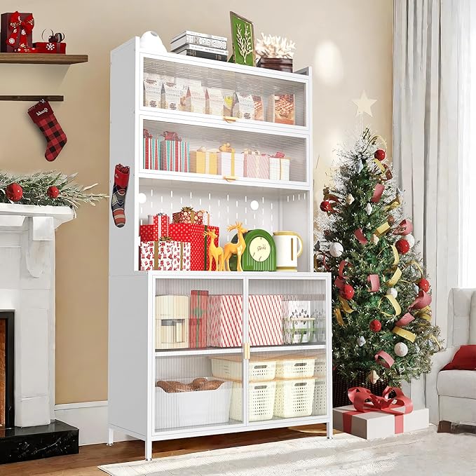 Ball & Cast 73?쿛antry Cabinet,Versatile Metal Storage Cabinet with Microwave Shelf,Pegboard Spacious, Adjustable Shelves Moden Kitchen Cabinet w/Anti-Tipping Safety for Kitchen,Dining Room,White