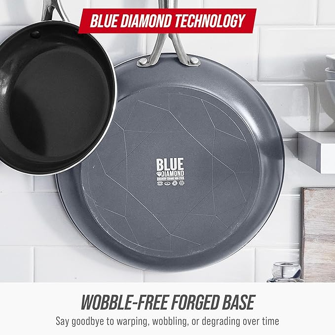Blue Diamond Frying Pan 8??Skillet, Diamond Infused Healthy Ceramic Nonstick, PFAS and PFOA-Free, Dishwasher and Oven Safe, Even Heating, Metal Utensil Safe, Warp Control Base, Grey