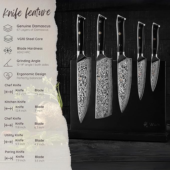 Wakoli Elite Cuisine Knife Block Set ??5-Piece Professional Damascus Kitchen Knife Set with Magnetic Block, G10 Handles & VG10 Core in Elegant Gift Box