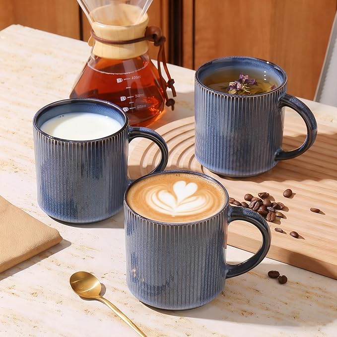 MONITO 16Oz Coffee Mugs Set of 6, Rustic Ceramic Coffee Cups Set with Large Handle, Vintage Striped Stoneware Coffee Mugs for Latte, Cocoa, Tea, Milk, Microwave & Dishwasher Safe, Deep Blue