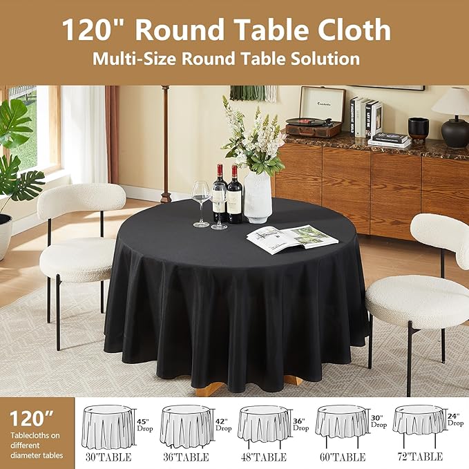 ITWMTTO 6-Pack Black Round Tablecloth 120 Inch - Polyester Fabric Table Cloth Round Table Cover for Round Tables - Reusable & Washable