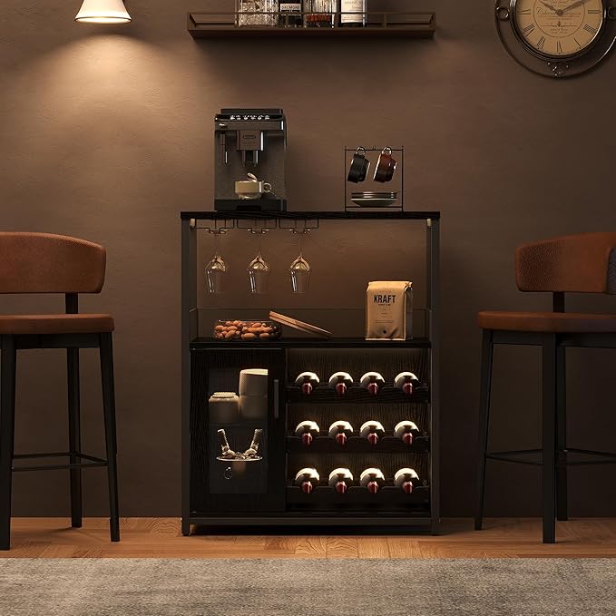 Vintage Industrial Wine Bar Cabinet with Adjustable Wine Racks and Glass Holders, Mesh Door Sideboard Storage Cabinet for Living Room, Kitchen, Dining Room, Compact Design, Easy Assembly,Black