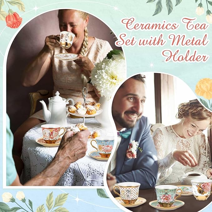 Set of 12 Tea Cups and Saucers Tea Party Decorations Floral Porcelain 5.4 oz British Gift for Women Birthday Party, Church, and Mother's Day (Stylish Style)