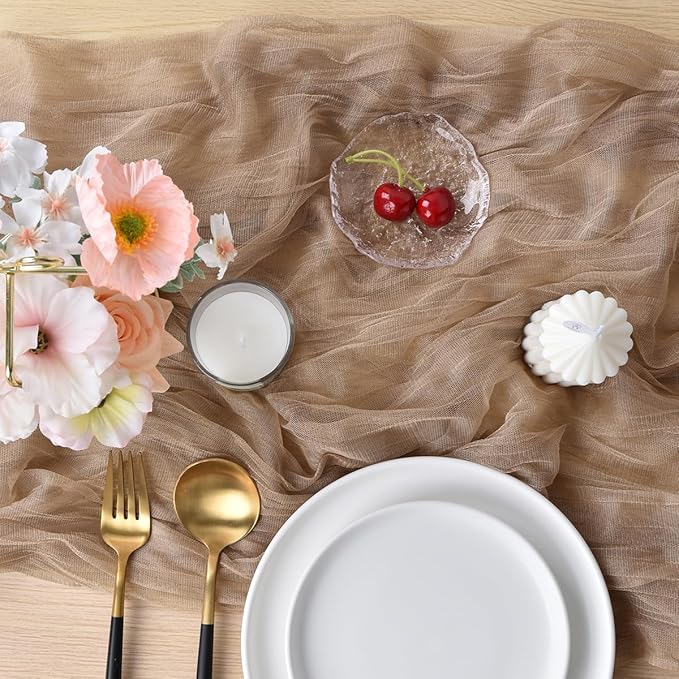 Joanlody Coffee Cheesecloth Table Runner Spring Easter 10Ft Rustic Gauze Boho Cheese Cloth Table Runner for Wedding Bridal Baby Shower Decoration 10 Pack