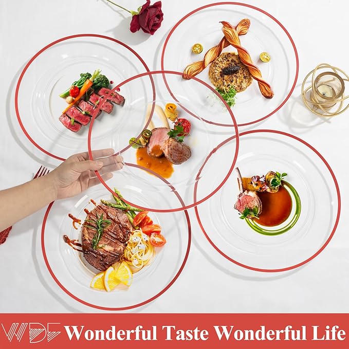 WDF 12 Inch Red Charger Plates - Charger Plates Bulk - 25Pack Plastic Clear and Red Charge Plate Perfect for Wedding/Party/Valentine's Day