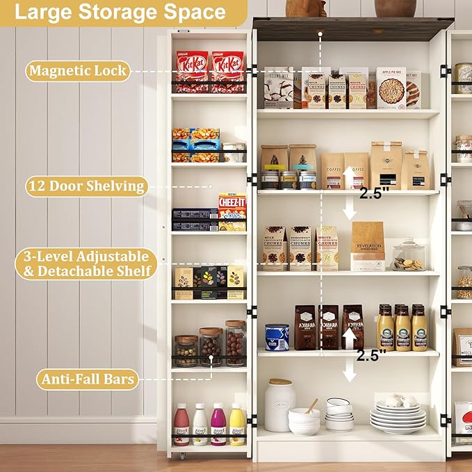 Tall Kitchen Pantry Cabinet: 67" Farmhouse Pantry Cabinet for Kitchen Storage, Off White Cupboard with 2 Barn Doors, Wood Food Storage Cabinets with Shelves (White)