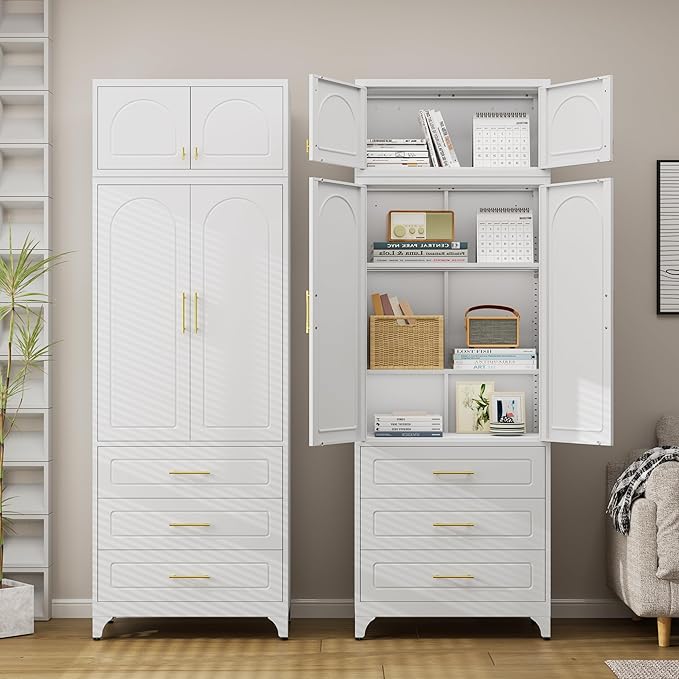 90??Tall Kitchen Pantry Cabinet,Metal Storage Cabinet with Doors and Adjustable Shelves,Modern Kitchen Hutch Cabinets,Freestanding Cupboard for Dining Room