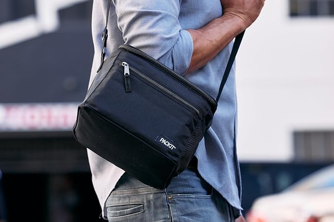 PackIt짰 Freezable Essential Cooler, Black, Built with EcoFreeze짰 Technology, Fully Freezable, Collapsible, Reusable, With Removable Crossbody Strap, Top Clip Handle, Designed for Fresh Office