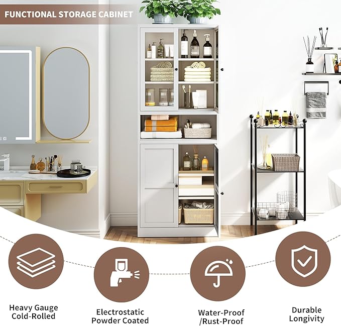 Kitchen Pantry Storage Cabinets with Glass Doors and 5 Adjustable Shelves, 72" Tall Kitchen Cupboard Metal Pantry Cabinet for Home Office Living Dining Room, Assembly Required (White)