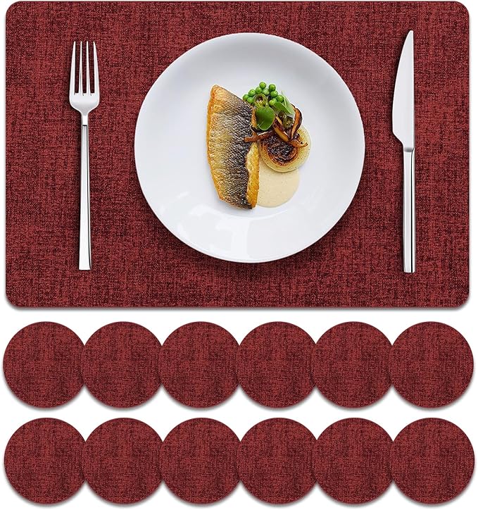 MOSAYT Faux Leather Placemats Set of 12, Heat Resistant Vinyl Place Mats with Coasters, Wipeable Washable 100% Waterproof Oil Proof Table Mats for Kitchen Dining Party Indoor Outdoor, 12" x 17", Red