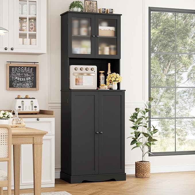 HOSTACK 71'' Pantry Cabinet, Tall Storage Cabinet with Microwave Stand, Freestanding Kitchen Hutch with Doors and Adjustable Shelves, Mordern Food Pantry for Kitchen, Dining Room, Black
