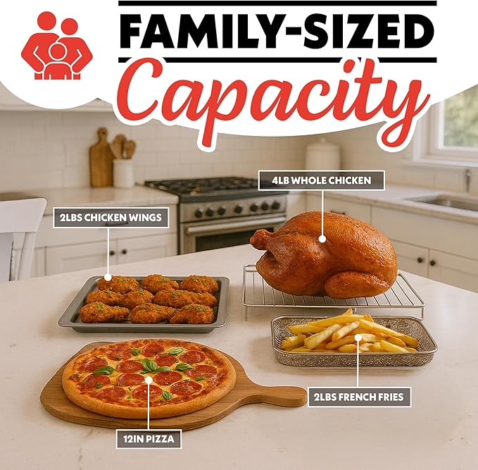 Gourmia French Door Air Fryer ??25 Qt Large Capacity Convection Oven, Fryfroce 360째, Digital Display with 17 Cooking Presets, Bake, Toast, Roast, Dehydrate, Fits 12??Pizza