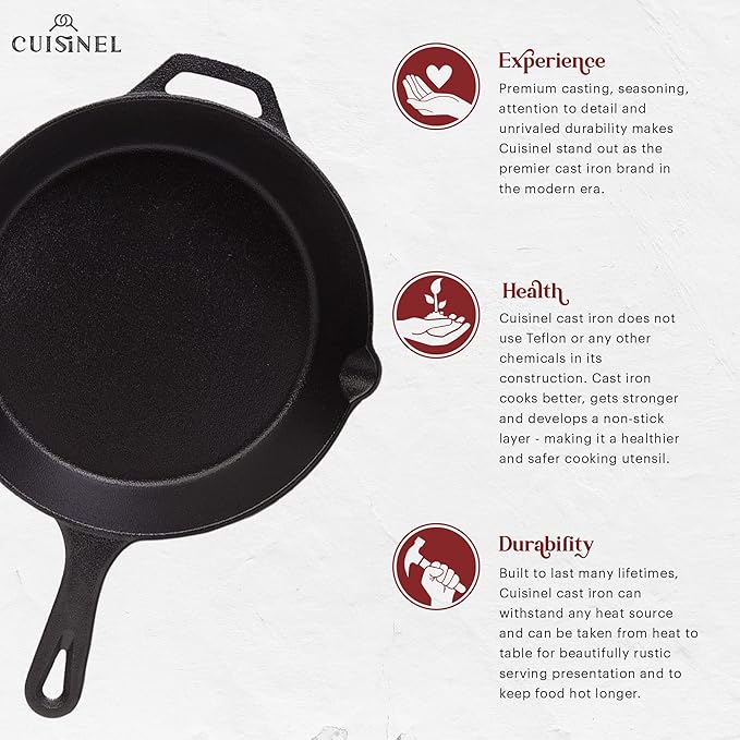 Cuisinel 8"+10"+12"-Inch Cast Iron Skillets Set with Glass Lids + Silicone Handle Holder Covers + Pan Scraper - Pre-Seasoned Oven Cookware - Use Indoor/Outdoor, Grill, Stovetop, Camping Fire, Oven