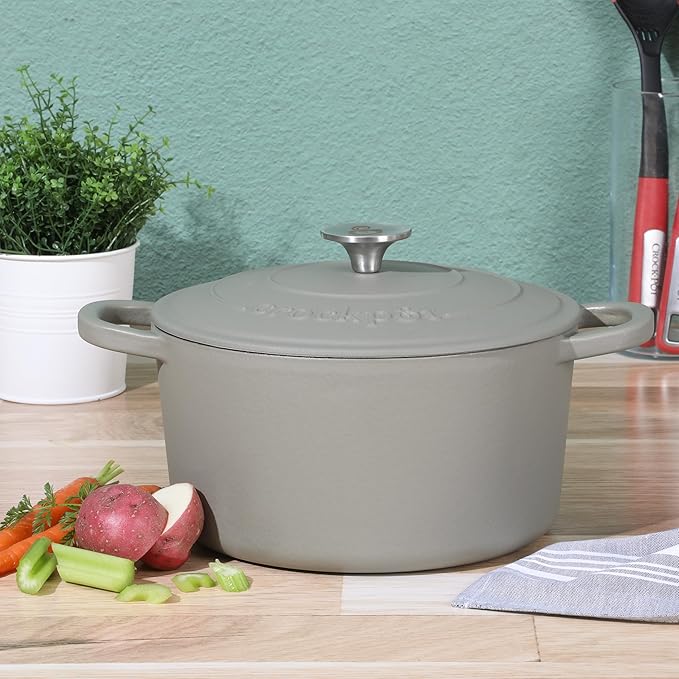 Crock-Pot Artisan 5-Quart Round Cast Iron Dutch Oven with Lid ??Matte Green, Durable Oven Safe Cookware