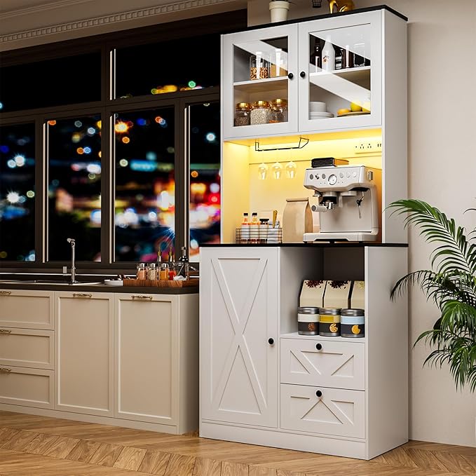 71?섃셁itchen Pantry Storage Cabinet with LED Lights and Power Outlet, Tall Farmhouse Kitchen Hutch with Microwave Stand,Globet Hooks and Adjustable Shelf for Dining Living Room,White