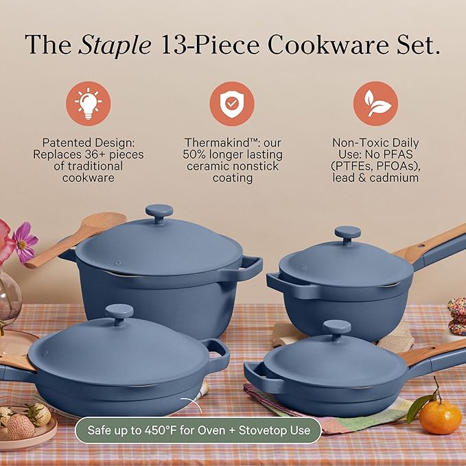 Our Place Cookware Set - 13-Piece Kit Including the Always Pan, Perfect Pot and Spatulas | Multifunctional, Toxin-Free Nonstick | Heat Safe up to 450째F | Oven, Stove, Induction Compatible | Blue Salt