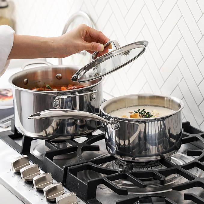 Cooking pots including glass lids, frying pan, set of 3 pots/pan, 횠16cm, 횠20cm, 횠26cm, dishwasher-safe, pots for induction, fully lined 3-ply stainless steel