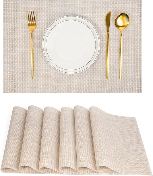 flohar Placemats Set of 6竊똍on-Slip PVC Weave Table Mats Easy to Clean竊똇eat Resistant Place Mats for Kitchen Dining Table Decoration Indoor Outdoor竊똁eige White