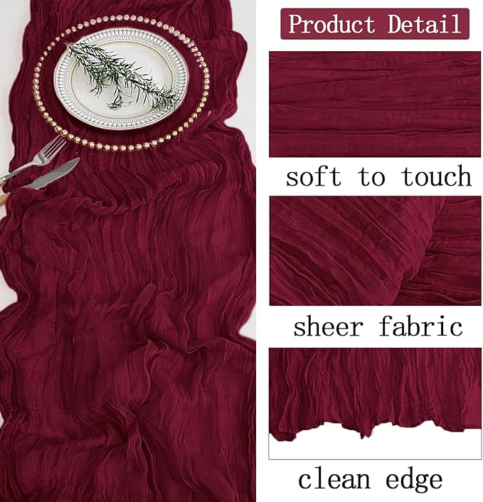4 Pack Burgundy Cheesecloth Table Runner 20 x 120 inch Gauze Table Runners 10 FT Long,Semi Sheer Boho Cheese Cloth Fabric Table Runner Bulk for Party,Wedding,Baby Shower,Bridal Shower Decoration