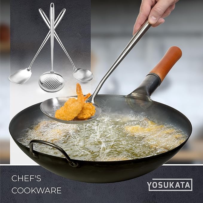 YOSUKATA Carbon Steel Wok Pan - 14 ??Woks and Stir Fry Pans PLUS 17" Wok Spatula and Ladle Skimmer Spoon PLUS Wok Lid 13.6 Inch