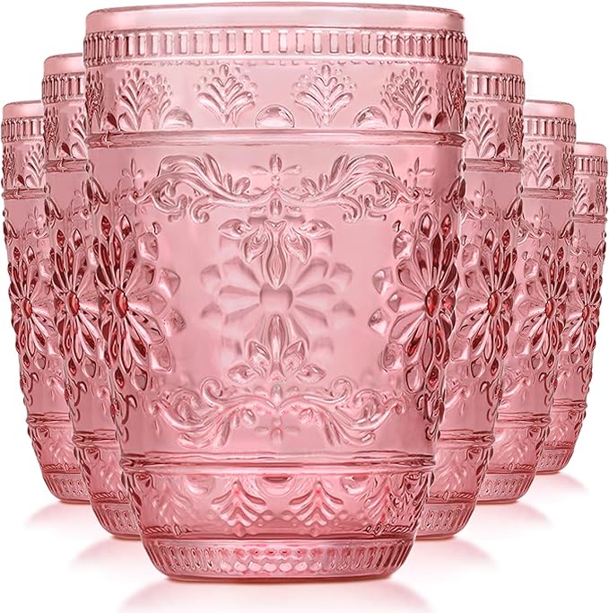 abrwyy Pink Glassware set of 6, Pink Drinking Glasses, Vintage Drinking Glasses, 14oz Colored Old Fashioned Glass Cups, Highball Glasses Set for Home Party Wedding