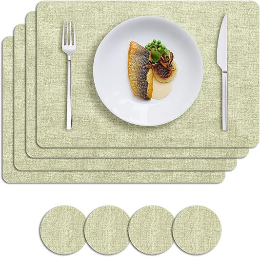 MOSAYT Faux Leather Placemats Set of 4, Heat Resistant Vinyl Place Mats with Coasters, Wipeable Washable Waterproof Oil Proof Table Mats for Kitchen Dining Indoor Outdoor, 12" x 17", Sage Green