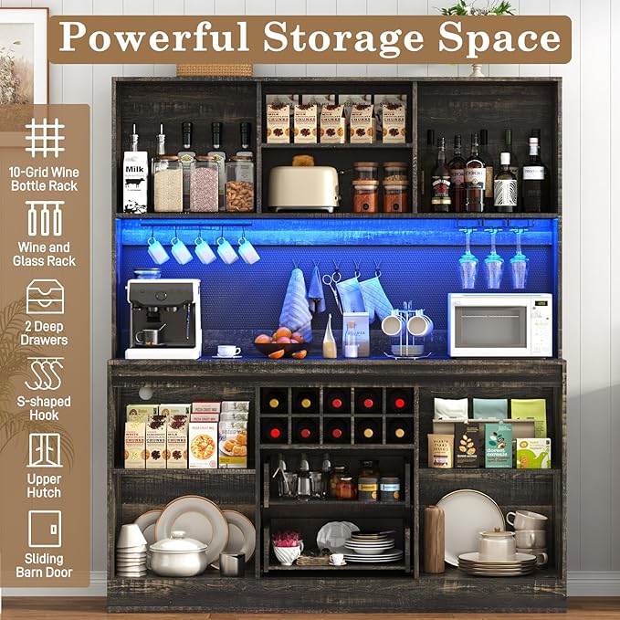 63"Wide 74"H Farmhouse Coffee Bar Cabinet w/ LED Light,Wine Bar Cabinet w/ Storage Hutch,Pegboard,Drawers,Kitchen Buffet Cabinet w/Sliding Barn Door & 10 Wine Glass Racks for Kitchen Dining Room