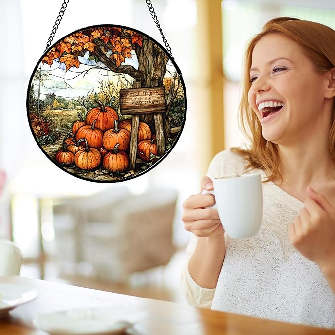 Stained Glass Window Hanging Fall Farm Scenery Maple Trees Pumpkin 9.8" - Suncatcher Door Garden Kitchen Sun Catcher Autumn Decor Birthday for Mom Nana Men Woman Friend