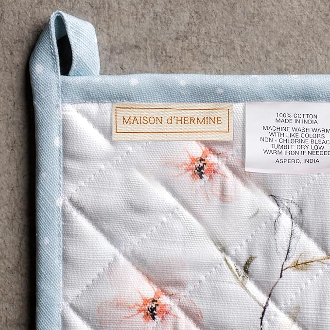 Maison d' Hermine 100% Cotton Oven Mitt & Pot Holder Set (7.5"x13" & 8"x8") Heat Resistant BBQ Cooking Gloves with Loop for Thanksgiving Christmas Decorations Handling Hot Pans (Ice Florals)