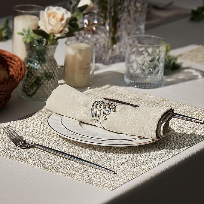 Leetaltree Luxury Beige and Gold Woven Placemats Set of 12 - Waterproof Washable Textured Table Mats for Wedding, Anniversary, Daily Use - Sparkling Metallic Thread Table Decor - Hand-Cut