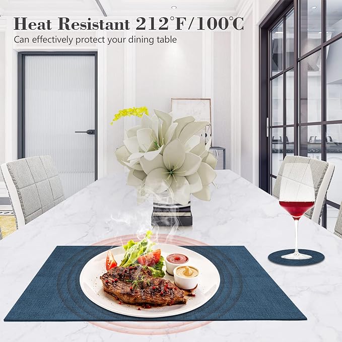 JUCCWARM Faux Leather Placemats Set of 6,Heat Resistant Placemats for Dining Table, Easy Clean Non-Slip Place Mats, Waterproof Stain Resistant Wipeable Washable PU Table Mats, (Navy Blue)