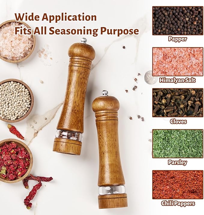 Wooden Pepper Grinder Set of 2, 8 Inch Beech Wood Pepper Mills with Stainless Steel Core, Manual Pepper Grinder with Comfort Grip & Effortless Grinding for Kitchen Cooking